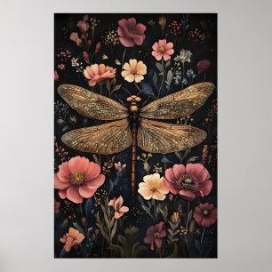 Trollslända i mörk blomsterträdgård, dyster trolls poster