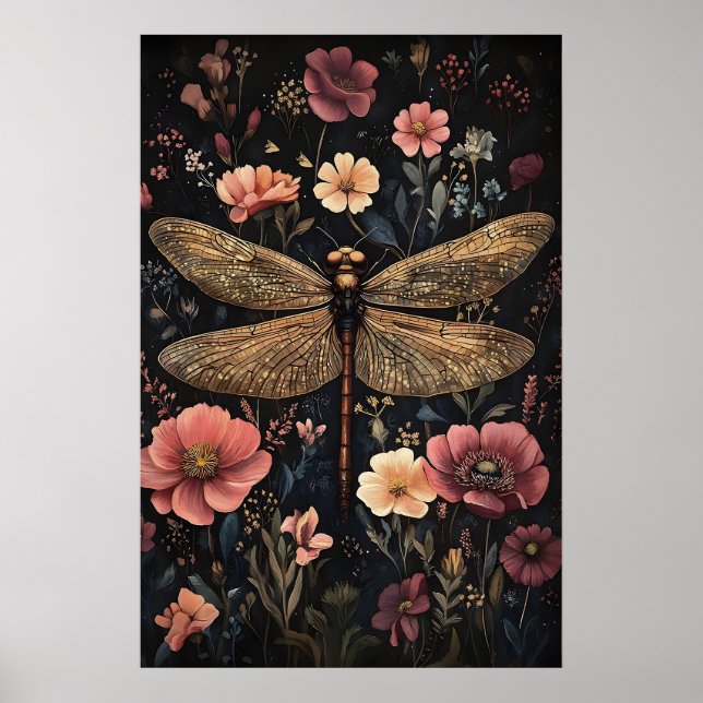Trollslända i mörk blomsterträdgård, dyster trolls poster (Framsidan)