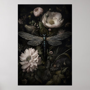Trollslända i tryck av mörk blomsterträdgård, dyst