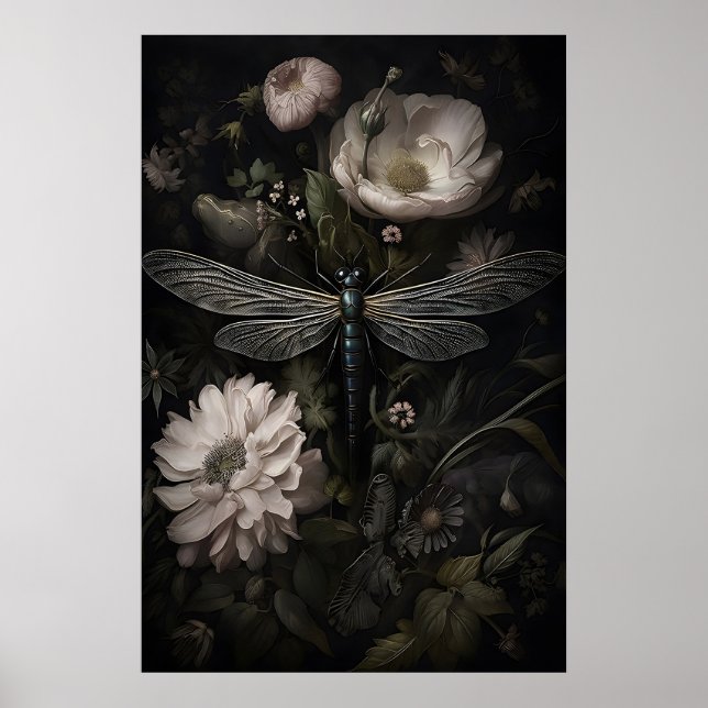 Trollslända i tryck av mörk blomsterträdgård, dyst (Framsidan)