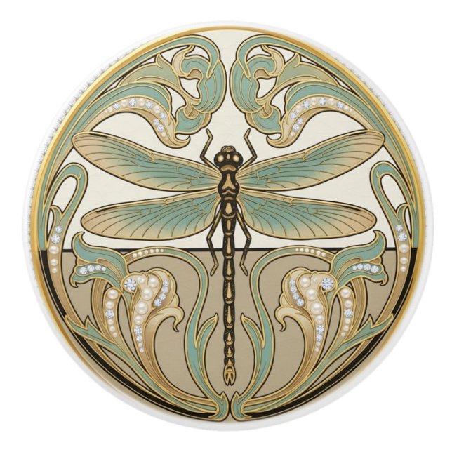 Trollslända Sagegrön & Guld Art Deco Nouveau Knopp (Framsidan)