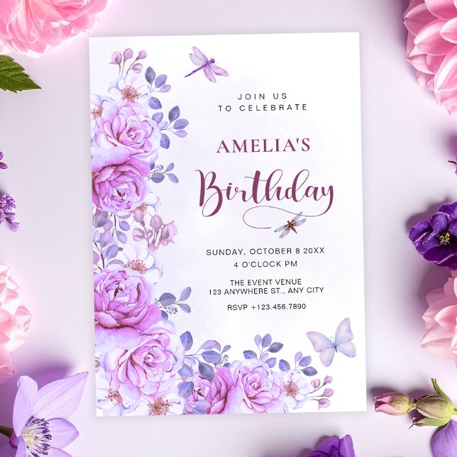 Trollsländas födelsedagsinbjudan med blommor inbjudningar (Skapare uppladdad)