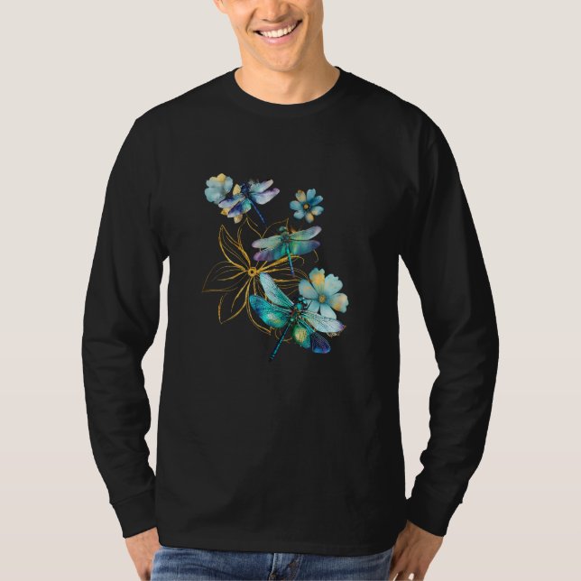 Trollsländor Blommor Akvarell Färgrik Blommig Dra T Shirt (Framsida)