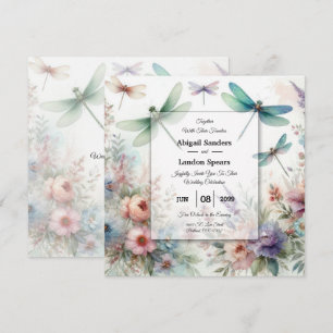 Trollsländor och Pastell Färgade Blommor Bröllop Inbjudningar