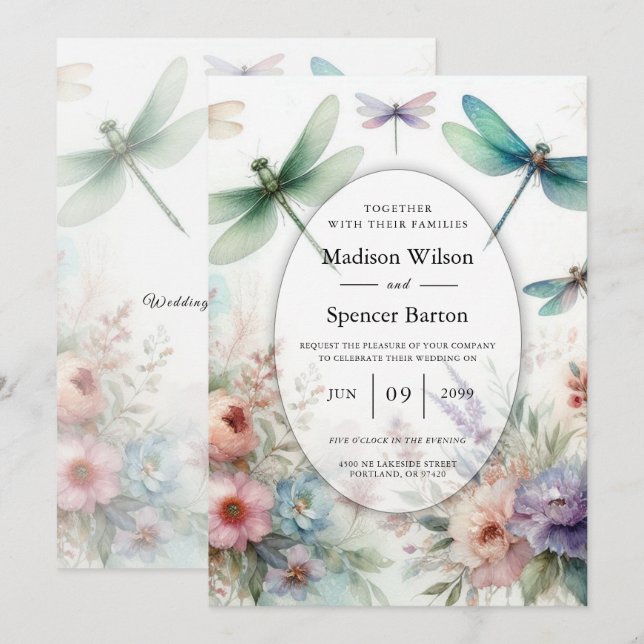 Trollsländor och Pastell Färgade Blommor Bröllop Inbjudningar (Fram/baksida)