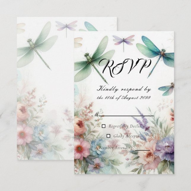 Trollsländor och Pastell Färgade Blommor Bröllop OSA Kort (Fram/baksida)