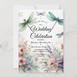 Trollsländor och Pastellfärgade Blommor Bröllop Inbjudningar