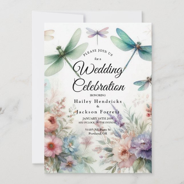 Trollsländor och Pastellfärgade Blommor Bröllop Inbjudningar (Framsida)