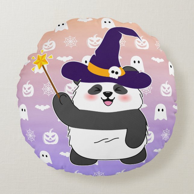 Trollspöet Halloween Cute Baby Panda Witch Magic Rund Kudde (Framsidan)