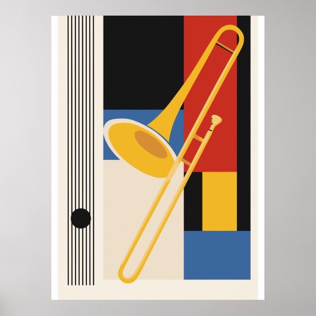 Trombon Bauhaus tryck, Mid Century Art Poster (Framsidan)