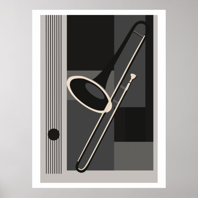 Trombon Bauhaus tryck, Mid Century Modern Musik Poster (Framsidan)