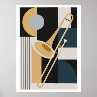 Trombon Bauhaus tryck, Mid Century Modern Musik Poster