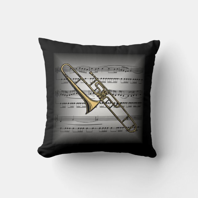 Trombone ~ 3-D Lakan Music ~ Pillow Grått/Black Kudde (Framsida)