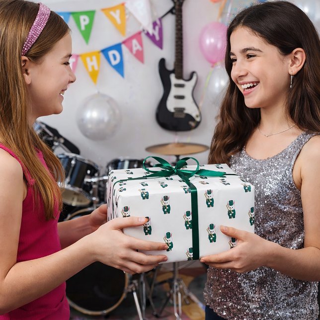 Trombone Cute Bunny Marching Band Green Gold Presentpapper (Wrapping paper featuring a pattern of bunnies wearing green & gold uniforms holding a trombone.)