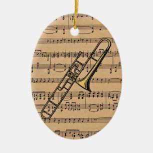 Trombone med notbladbakgrund julgransprydnad keramik