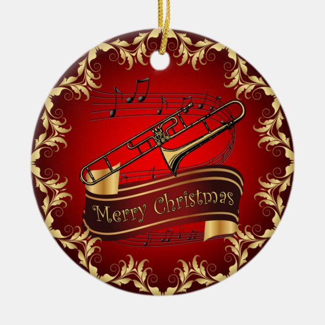 Trombone ~ Musical Rulla ~ God jul ~ * ~ Julgransprydnad Keramik (Framsidan)