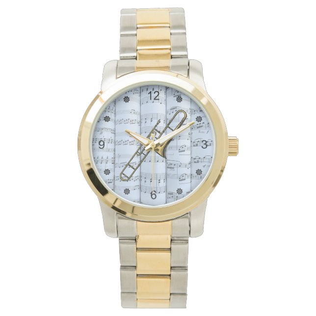 Trombone~Rolled Lakan Music~Blue Tint Background~ Armbandsur (Framsida)