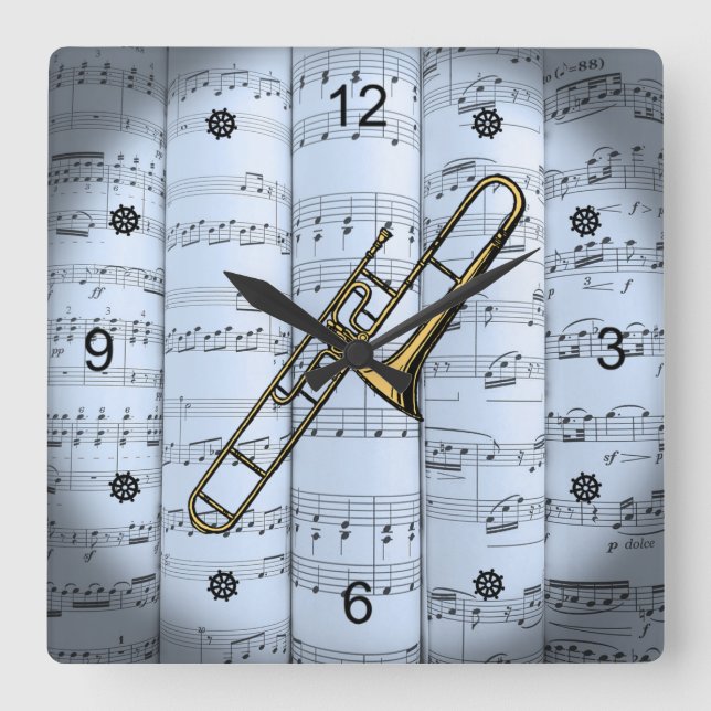 Trombone~Rolled Lakan Music~Blue Tint Background~ Fyrkantig Klocka (Framsida)