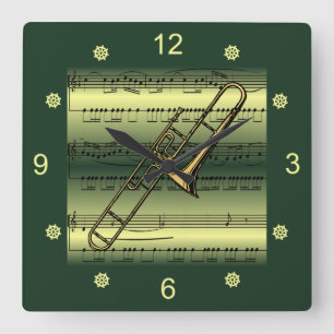 Trombone~Rolled Lakan Music~Guld/Grönt Background~ Fyrkantig Klocka