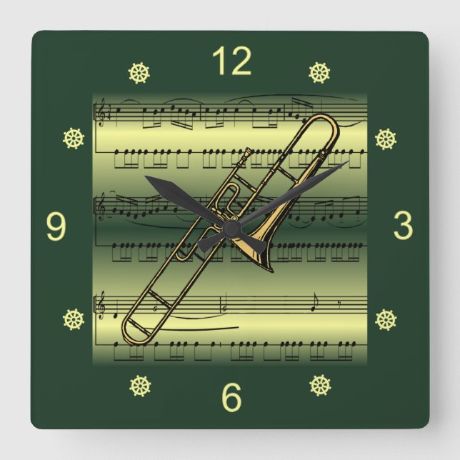 Trombone~Rolled Lakan Music~Guld/Grönt Background~ Fyrkantig Klocka (Framsida)