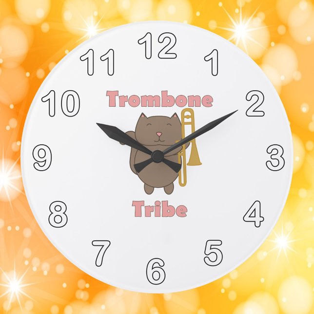 Trombone Tribe Brown Cat Stor Klocka (A clock with a brown cat holding a trombone and the words trombone tribe in pink.)