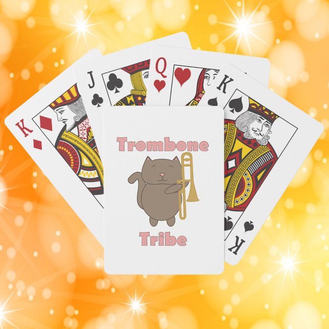 Trombone Tribe Brun Kawaii Katt Rosa Casinokort (A deck of playing cards with a brown cat holding a trombone and the words trombone tribe.)