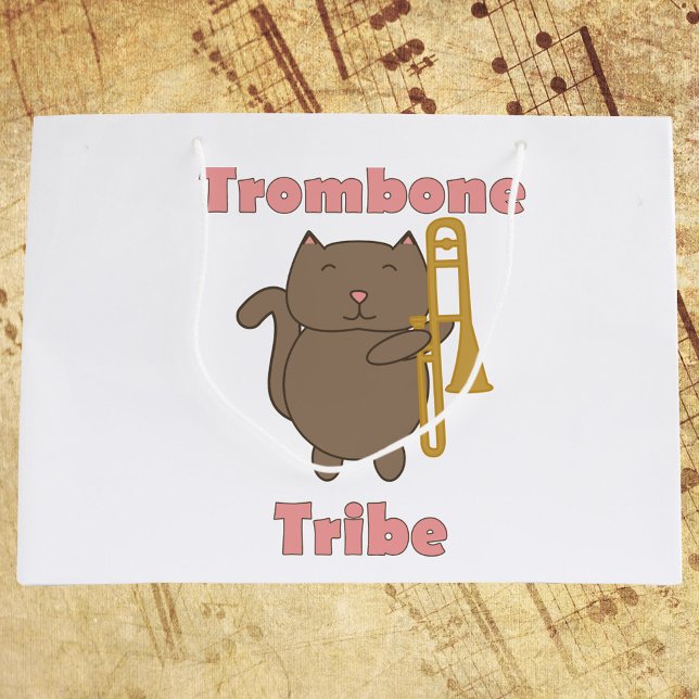 Trombone Tribe Cat Marching Band Music Design (A gift bag with a cute cat holding a trombone & the words trombone tribe in pink letters.)