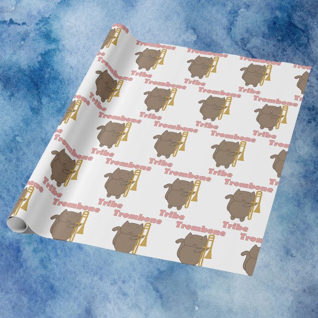 Trombone Tribe Cute Kitty Cat Pink Presentpapper (Wrapping paper with a pattern of brown cats with trombones & the words trombone tribe in pink.)