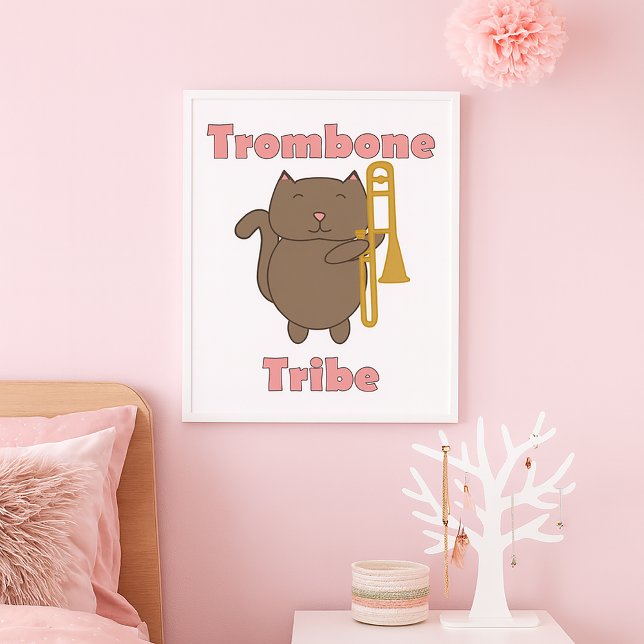 Trombone Tribe Söt Brun Katt Rosa Bokstäver Poster (A poster featuring a cute cat holding a trombone and the words trombone tribe in pink.)