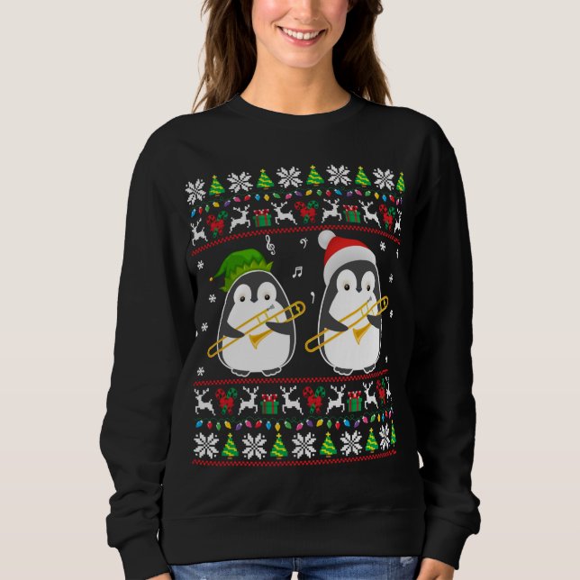 Trombone Ugly jul Sweater Elf Santa Penguin T Shirt (Framsida)