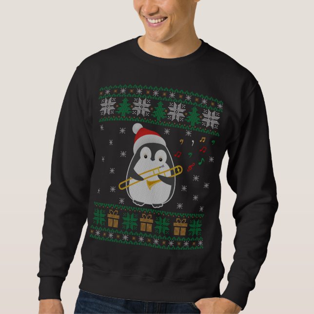 Trombone Ugly jul Sweater Penguin Julafton Famil Lång Ärmad Tröja (Framsida)