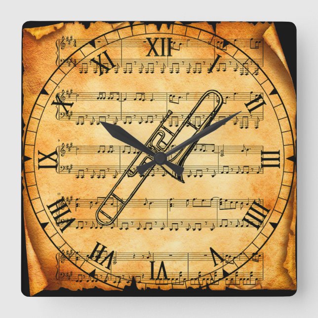 Trombone ~ Vintage Lakan Music Background ~ Unique Fyrkantig Klocka (Framsida)