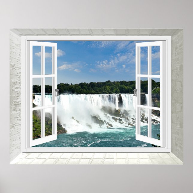Trompe l'oeil Waterfall Fake Window View Poster (Framsidan)
