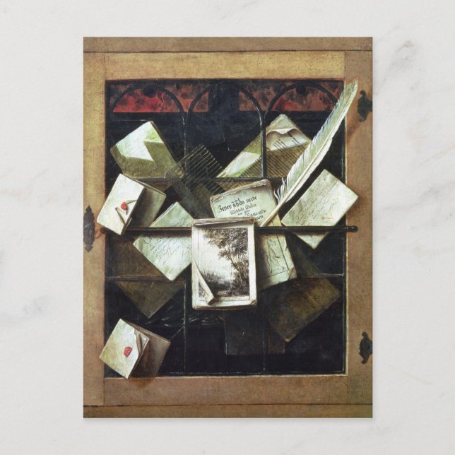 Trompe l'oeil with brev and notebooks, 1665 vykort (Framsida)