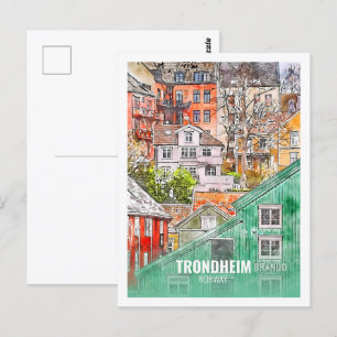 Trondheim Norge Berömd Resa Akvarellskiss Vykort