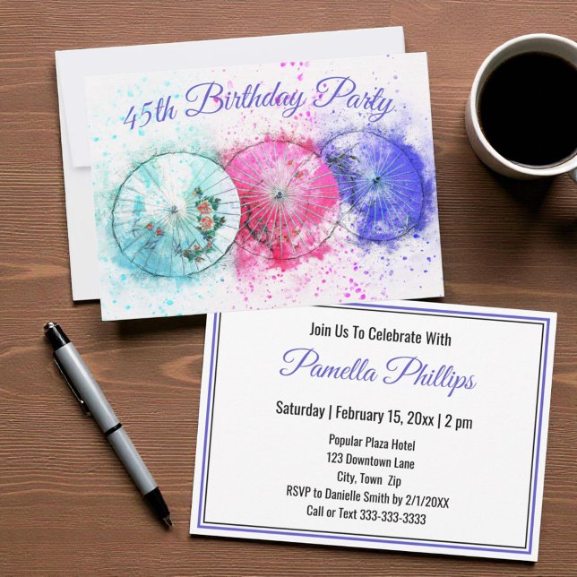 Tropcial Cocktail Umbrellas 45 Birthday Inbjudan (Tropical drink umbrellas template invitation)