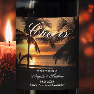 Tropcial Sunset Handflatan Beach Wedding Vin etike Vinflaska Etikett