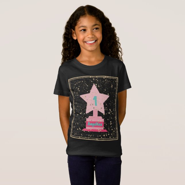 Trophy & Namn Black Rosa Star Girly Modern T Shirt (Hel framsida)