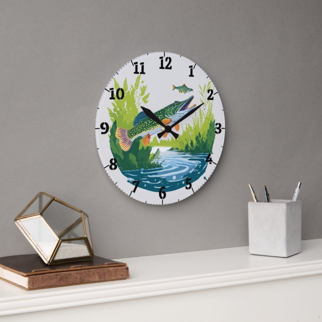 Trophy Pike Chasing Down Minnow Wall Clock Stor Klocka (Kontor)