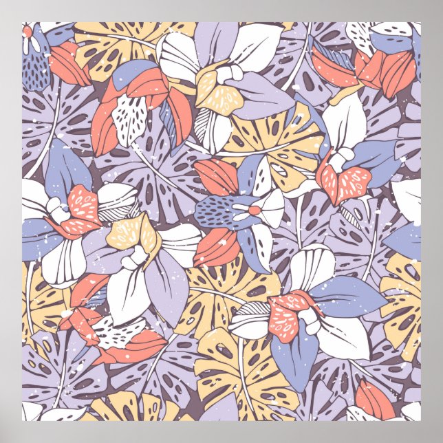 Tropic seamless pattern with orchid and monstera l poster (Framsidan)