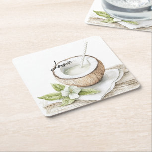 Tropical Aloha Beach Coconut Blommigt Bröllop Underlägg Papper Kvadrat