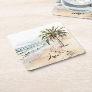 Tropical Aloha Beach Coconuts Handflatan Träd Underlägg Papper Kvadrat