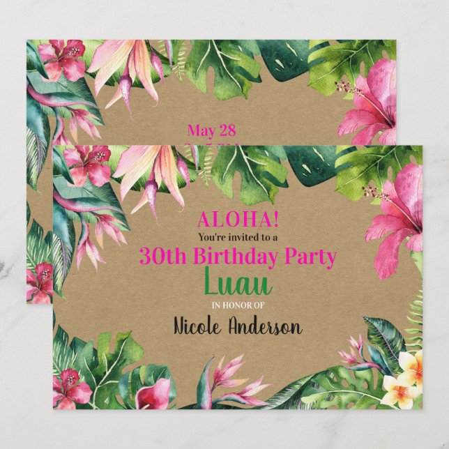 Tropical Aloha Blommigt Luau Kraft Födelsedagsfest Inbjudningar (Fram/baksida)