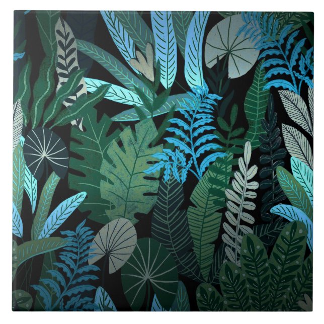 Tropical Aloha Exotic Blue Jungle Mönster vid natt Kakelplatta (Framsidan)