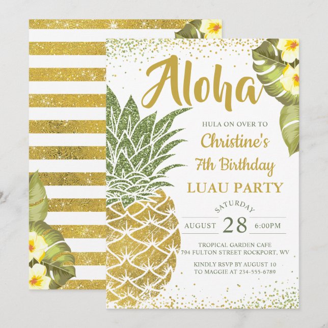 Tropical Aloha Grönt Guld Pineapple Birthday Inbjudningar (Fram/baksida)