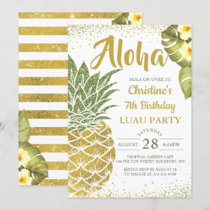 Tropical Aloha Grönt Guld Pineapple Birthday Inbjudningar