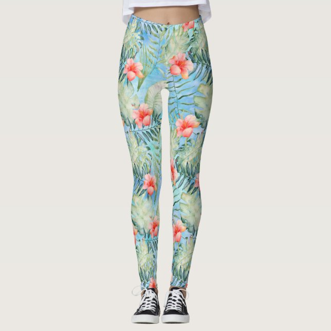 Tropical Aloha Hibiscus Blommigt Leggings (Framsida)