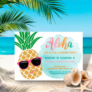 Tropical Aloha Pineapple Watercolor Birthday Inbjudningar