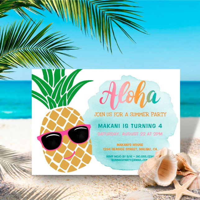 Tropical Aloha Pineapple Watercolor Birthday Inbjudningar (Skapare uppladdad)