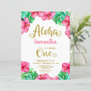 Tropical Aloha Rosa Hibiscus 1:a födelsedag Inbjudningar